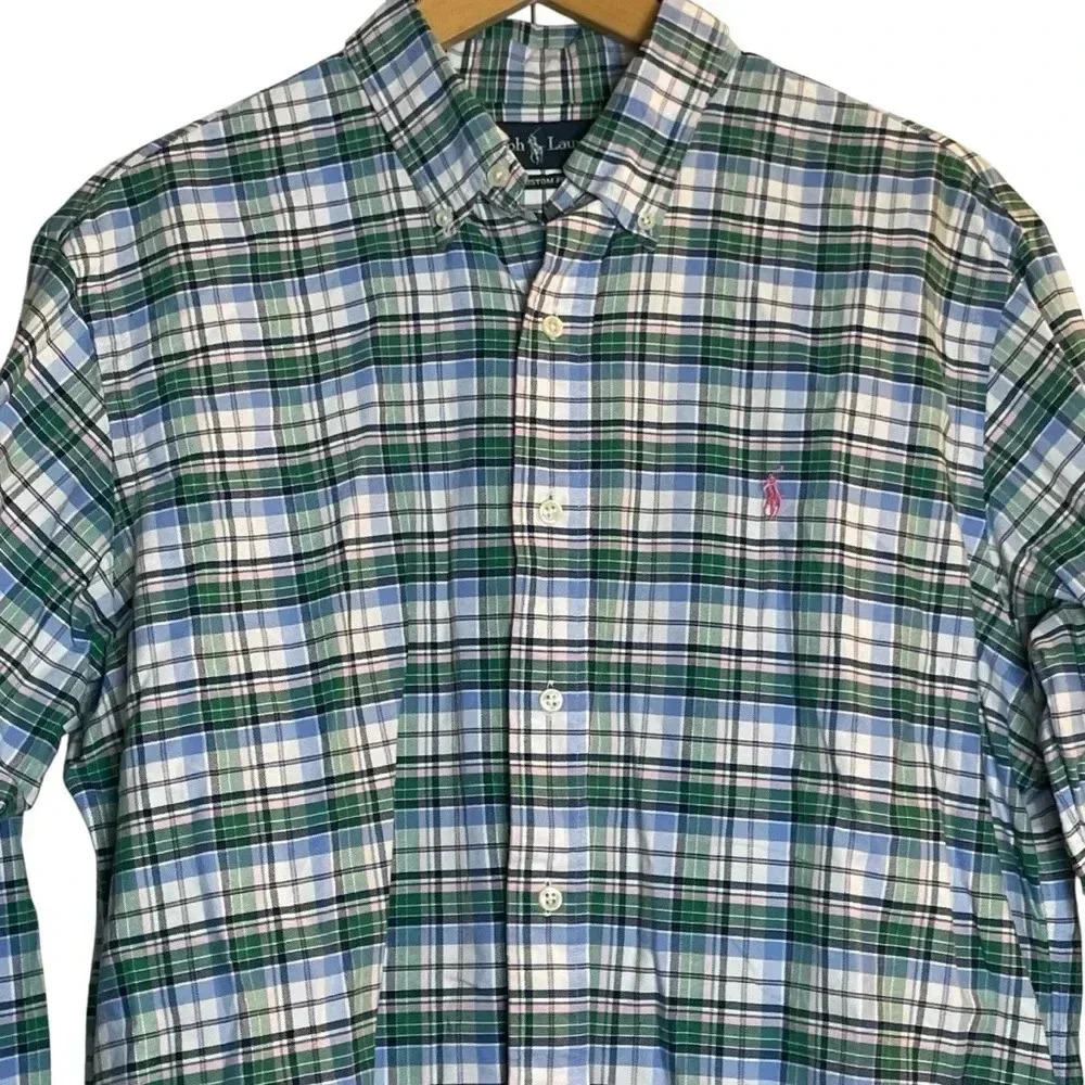 Ralph Lauren Custom Fit Pink Green Blue‎ Plaid Button Down Dress Shirt Large